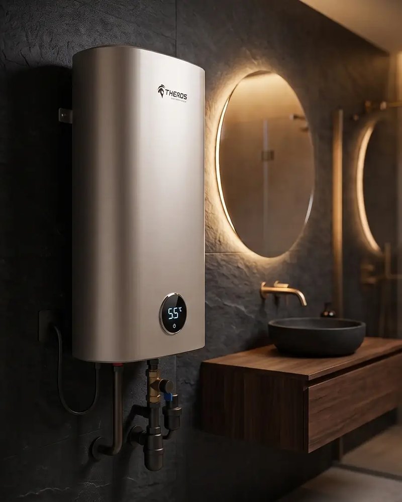 Chauffe-eau électrique connecté Theros Pro-Slim dans une salle de bain moderne